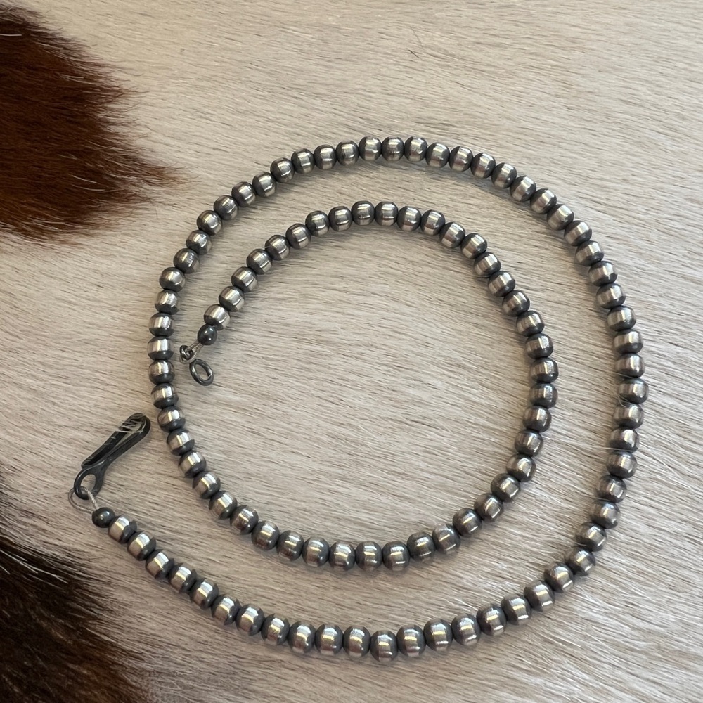 ❤️ 16” 4mm Desert Pearls / Beads Navajo Sterling Silver Necklace USA 8.9G Unisex